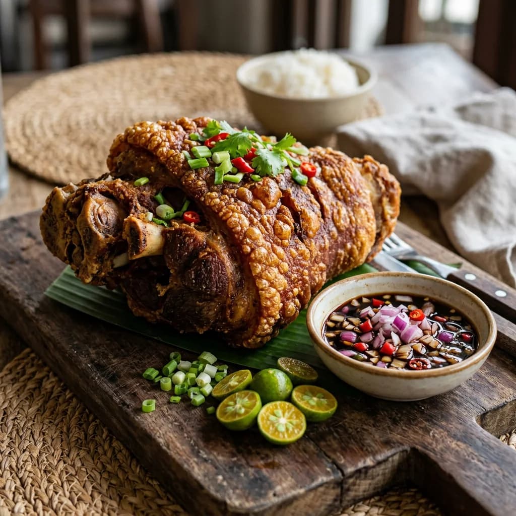 Crispy pata served with calamansi and dipping sauce
